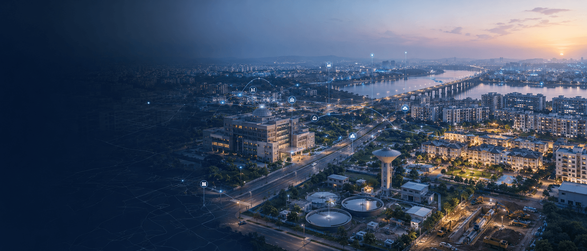 An aerial dusk view of a connected Indian city, with municipal administration, housing, roads, a bridge and water infrastructure linked by a digital network overlay
