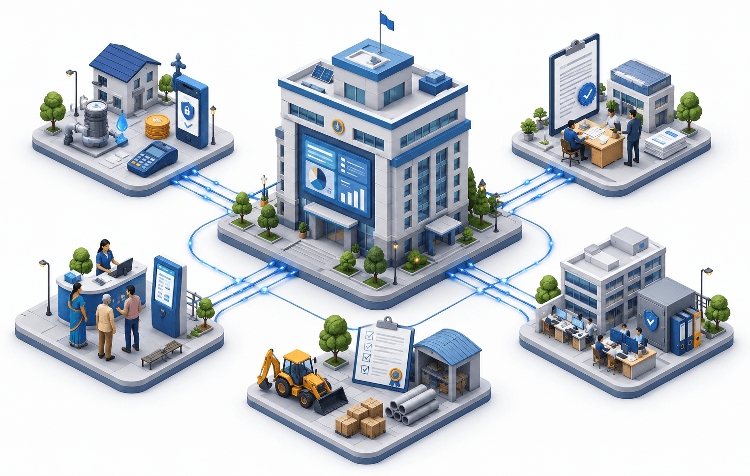 Illustration of a connected municipal e-Governance ecosystem: citizen service kiosks, utility billing, licences and approvals, administration, and public works, all linked to a central municipal office