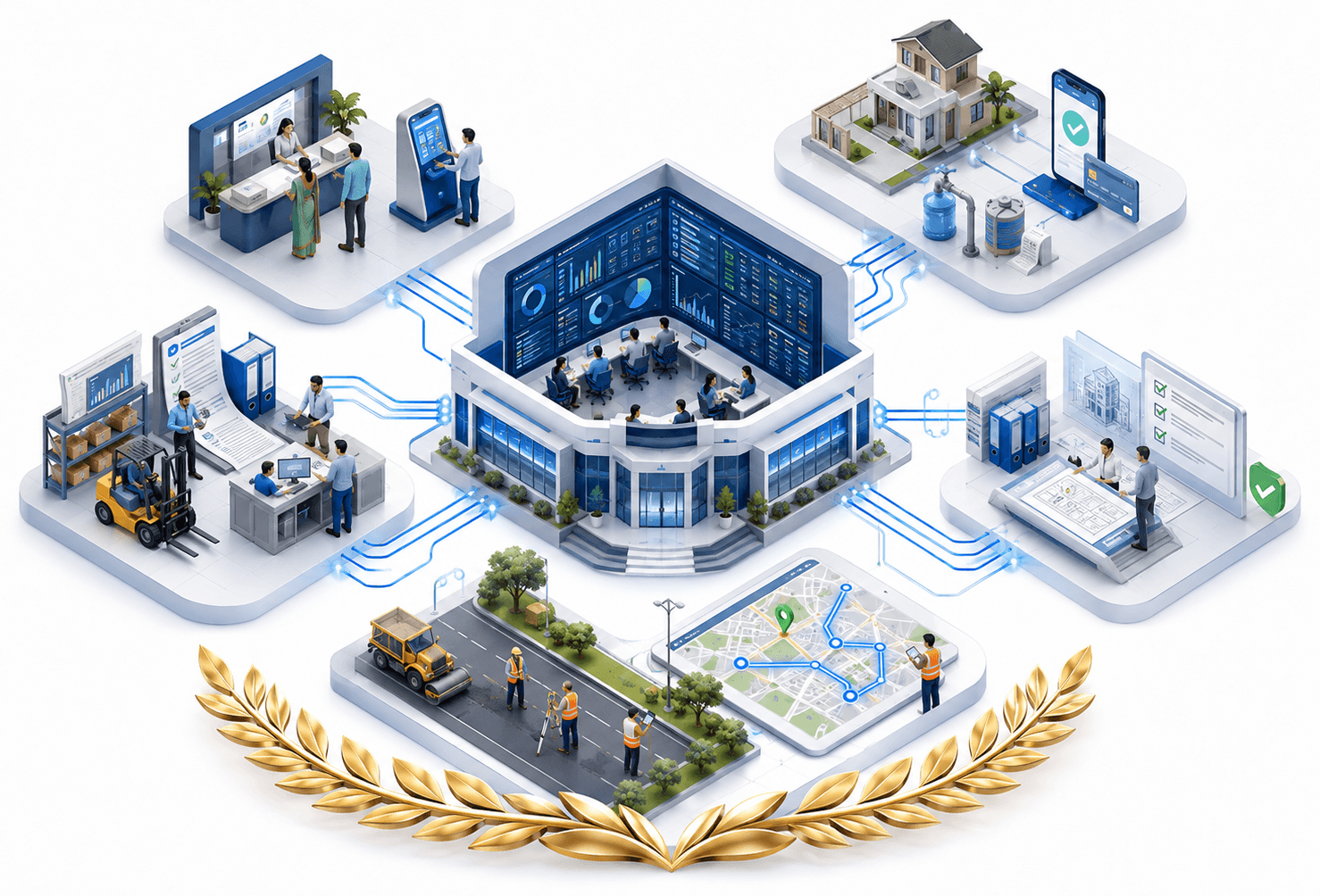 Illustration of an integrated municipal command centre connected to citizen services, procurement, licences and approvals, administration and public works, with an award laurel representing national recognition