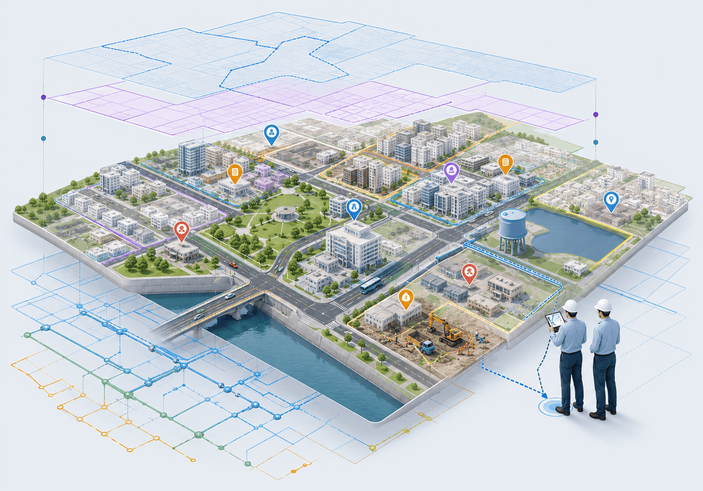 Illustration of a GIS-layered city map with property, utility and infrastructure data overlays, an underground utility network diagram, and field engineers reviewing city data on a tablet