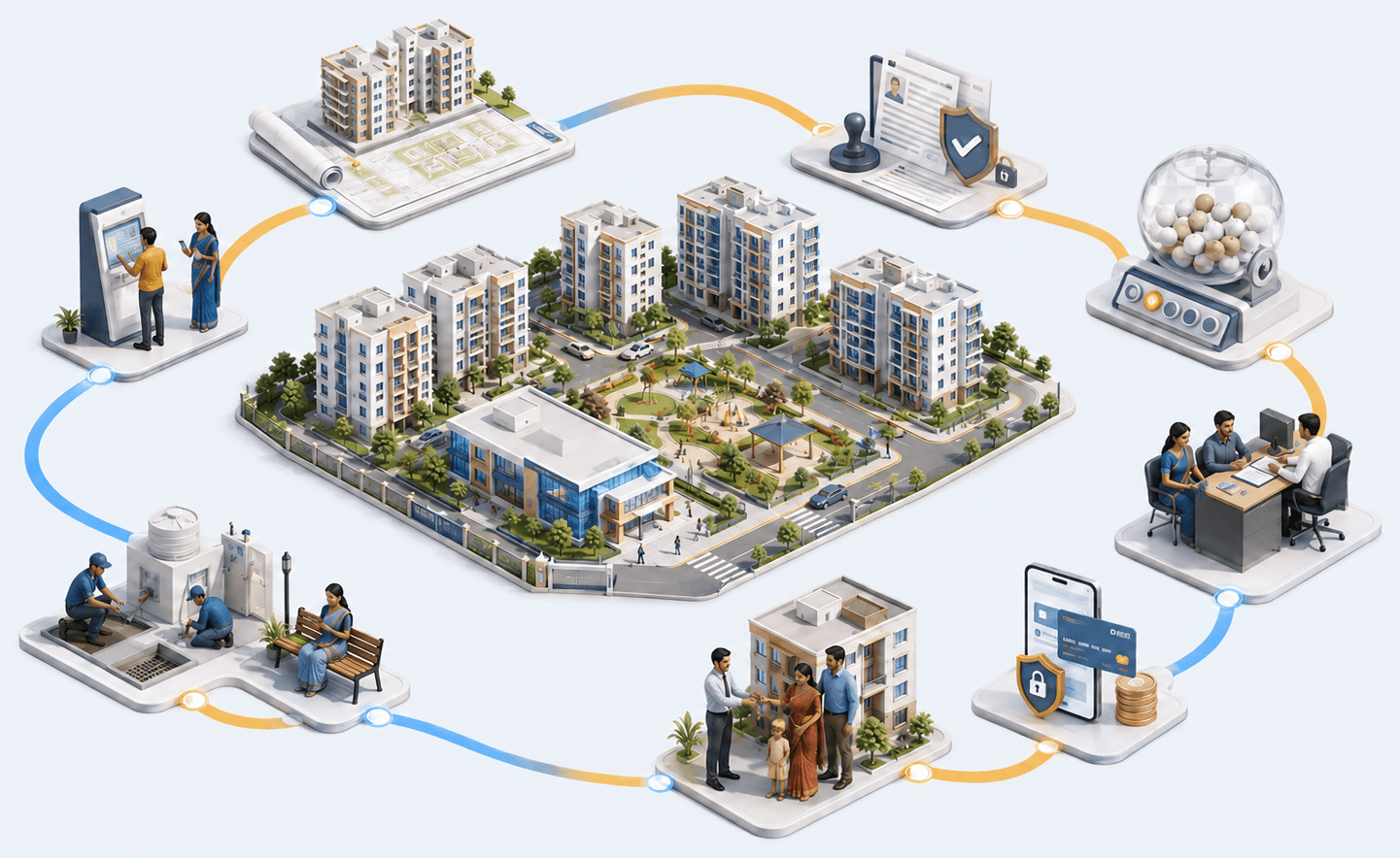 Illustration of the public housing lifecycle: application, scheme approval, digital lottery, verification, allotment and key handover, and ongoing maintenance, around a central housing complex