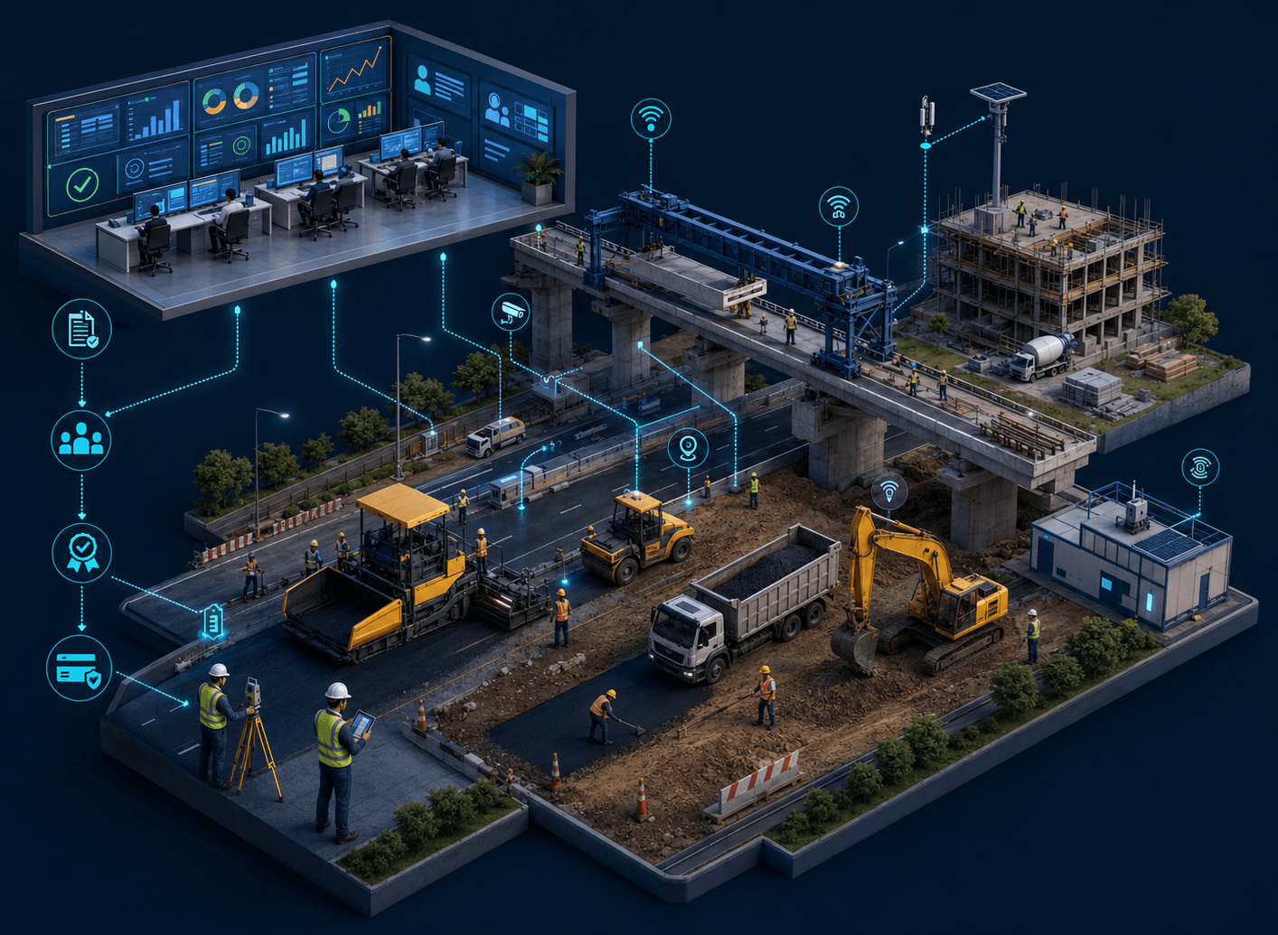 Illustration of LiveWorks in action: a real-time monitoring control room connected to an active road and building construction site with IoT sensors, field engineers and workflow tracking